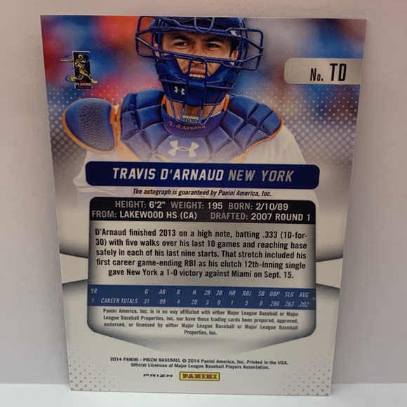 2014 Panini Prism Travis D’Arnaud Mets Auto #TD (MISC8) - Picture 2 of 2